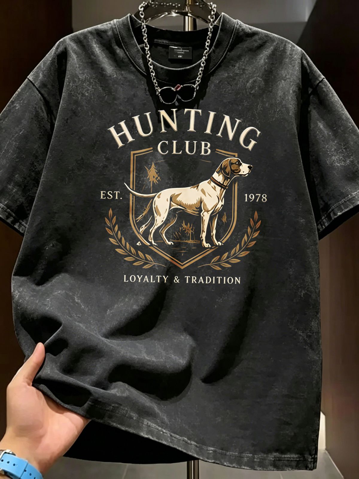 Summer New Washed Short-sleeved T-shirt, Men's Retro Hunting Club Hound Print Youth Loose Casual Street Tee_viptrois.com