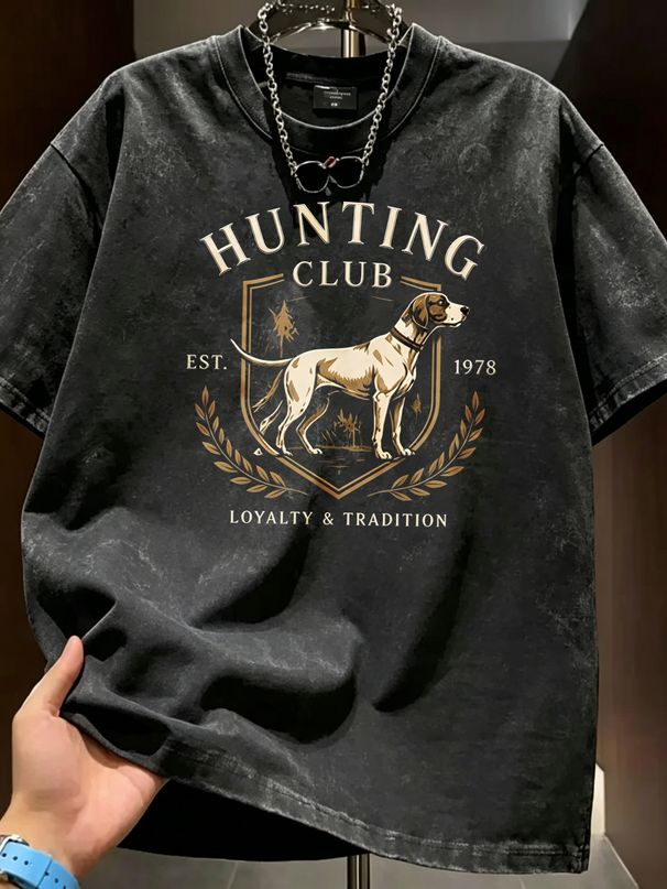 Summer New Washed Short-sleeved T-shirt, Men's Retro Hunting Club Hound Print Youth Loose Casual Street Tee_viptrois.com