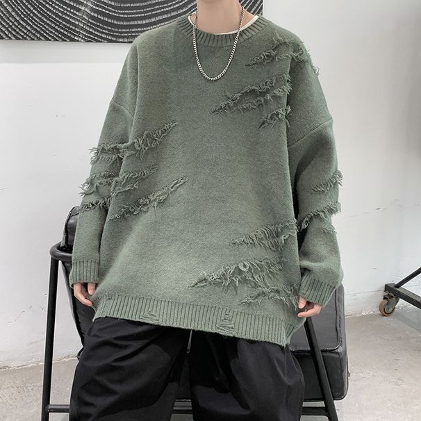 Loom Loom Distressed Sweater Men Autumn Winter Japanese Retro Casual Split Knitwear Ins Trendy Loose Knit Jacket_viptrois.com