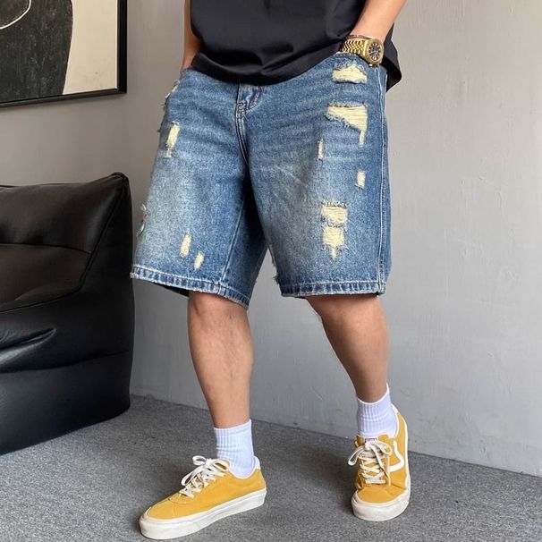 Retro American plus Size Men's Denim Shorts Casual Distressed Straight Leg Loose Fit Five Point Pants up to 300 Lbs_viptrois.com