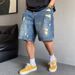 Retro American plus Size Men's Denim Shorts Casual Distressed Straight Leg Loose Fit Five Point Pants up to 300 Lbs_viptrois.com