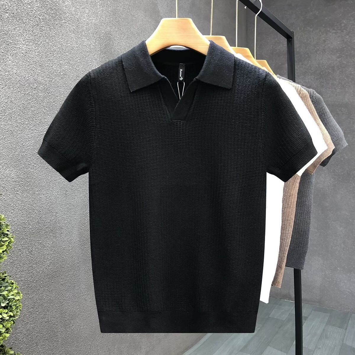 Men's Clothing Scissor Collar Short Sleeved Knitted Sweater Cool Anti Wrinkle T Shirt_viptrois.com