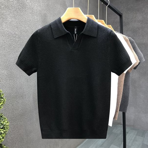 Men's Clothing Scissor Collar Short Sleeved Knitted Sweater Cool Anti Wrinkle T Shirt_viptrois.com