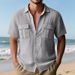 New Summer Simple For Men, Solid Color Patchwork Linen Cardigan, Short Sleeve Loose Turn-Down Collar Men's Shirt_viptrois.com