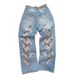 Men's Clothing Retro Personality Street Flower Embroidered Jeans Men And Women Casual Loose Trousers_viptrois.com