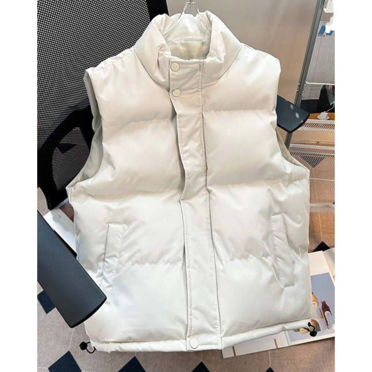 Men's Oversized Vest – Thickened Polyester Gilet With Stand Collar & Button Accents (S-5XL, Black/Beige, Wrinkle-Resistant)_viptrois.com