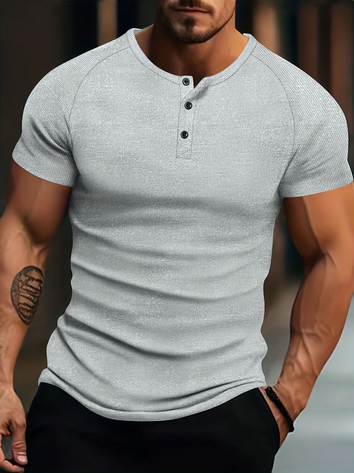 Men's Summer Striped Henley Knit Shirt – Athletic Stretch Fit (Breathable, Moisture-Wicking, 7 Classic Colors, Extended Sizes)_viptrois.com