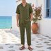 Summer New Men's Cuban Collar Shirt Set Thin Breathable Casual Vacation Style Short Sleeve Long Pants Two-Piece Suit_viptrois.com
