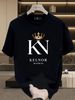 Mens Madrid Luxury Golden Crown KN Letter Print 100% Cotton Black Tee Casual Round Neck Short Sleeve Top_viptrois.com