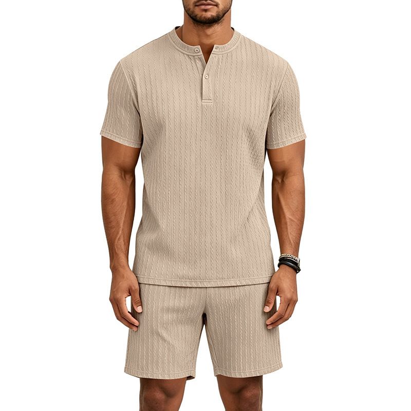 Men's Retro Short Sleeve Henley & Shorts Set, Breathable Jacquard Knit Two-Piece Outfit For Casual Summer Style_viptrois.com