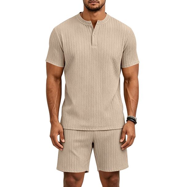 Men's Retro Short Sleeve Henley & Shorts Set, Breathable Jacquard Knit Two-Piece Outfit For Casual Summer Style_viptrois.com