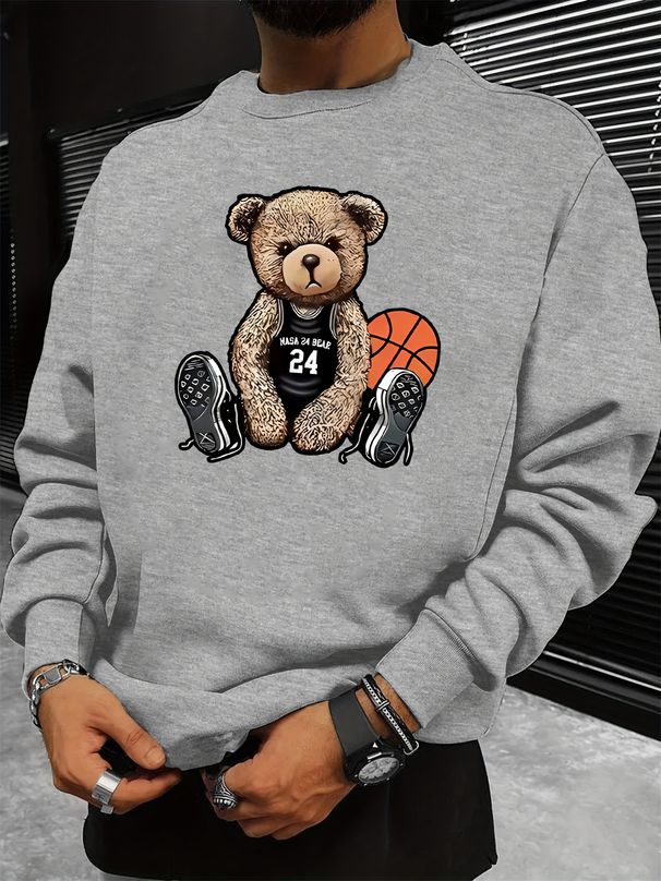 Men's Loose Casual Fashionable Basketball Bear Pattern Printed Round Neck Long Sleeved Sweatshirt Suitable For Autumn And Winter Wear_viptrois.com