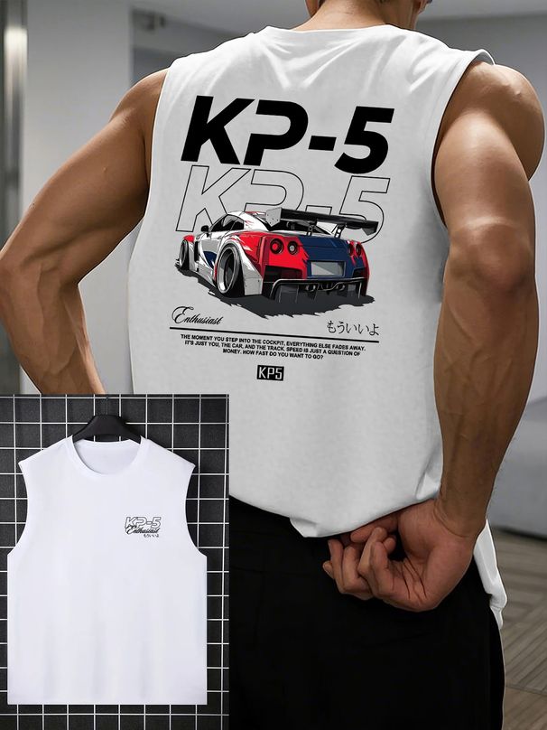 100% Pure Cotton Men's Summer Leisure Sports Fitness Loose Fitting Japanese Modified Car Theme Pattern Printed Breathable Round Neck Sleeveless Vest_viptrois.com