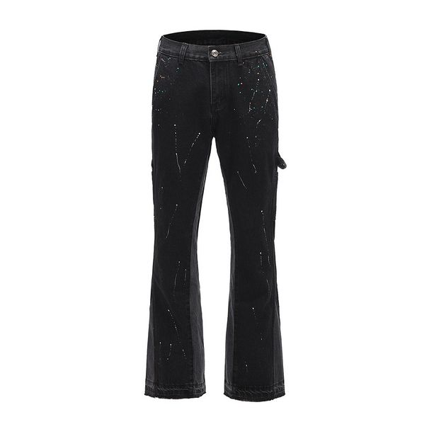 Men's Clothing High Street Style Structured Stitching Ink Splash Flared Jeans_viptrois.com