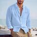 Men's Long Sleeved Shirt Solid Color Cotton Linen Blend Turn Down Collar Casual Loose Fit Versatile Cardigan Top_viptrois.com