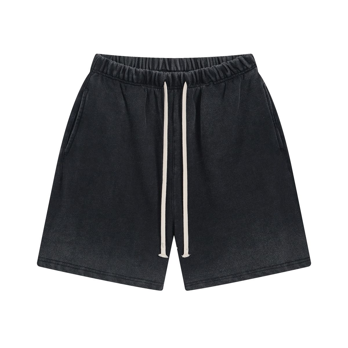 Men's Clothing Streetwear Vintage Heavyweight Washed Cotton Shorts For Men – Spray-Dye Gradient, Relaxed Fit, Elastic Waist (Black, Charcoal)_viptrois.com