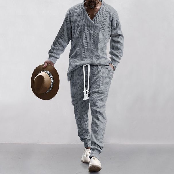 Men's Casual Long Pants & V-Neck Knit Sweater Set - Comfortable Cotton Blend Autumn Outfit For Stylish Men (White, Navy, Khaki, Light Gray, Black)_viptrois.com