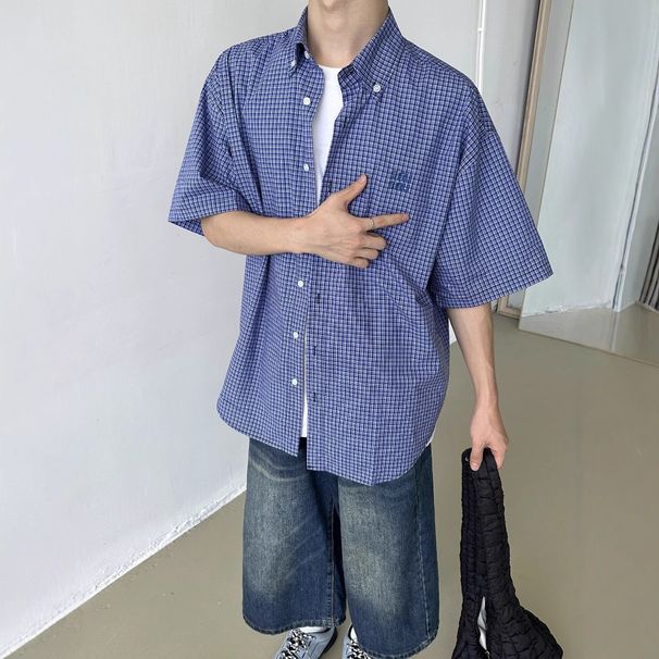 Summer Retro Loose Blue Checkered Short Sleeved Shirt Men's Casual Versatile Embroidered Shirt Jacket_viptrois.com