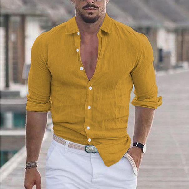 Men's Clothing Summer Cotton And Linen Lapel Beach Shirt Long Sleeve Solid Color Hawaiian Holiday Clothing_viptrois.com