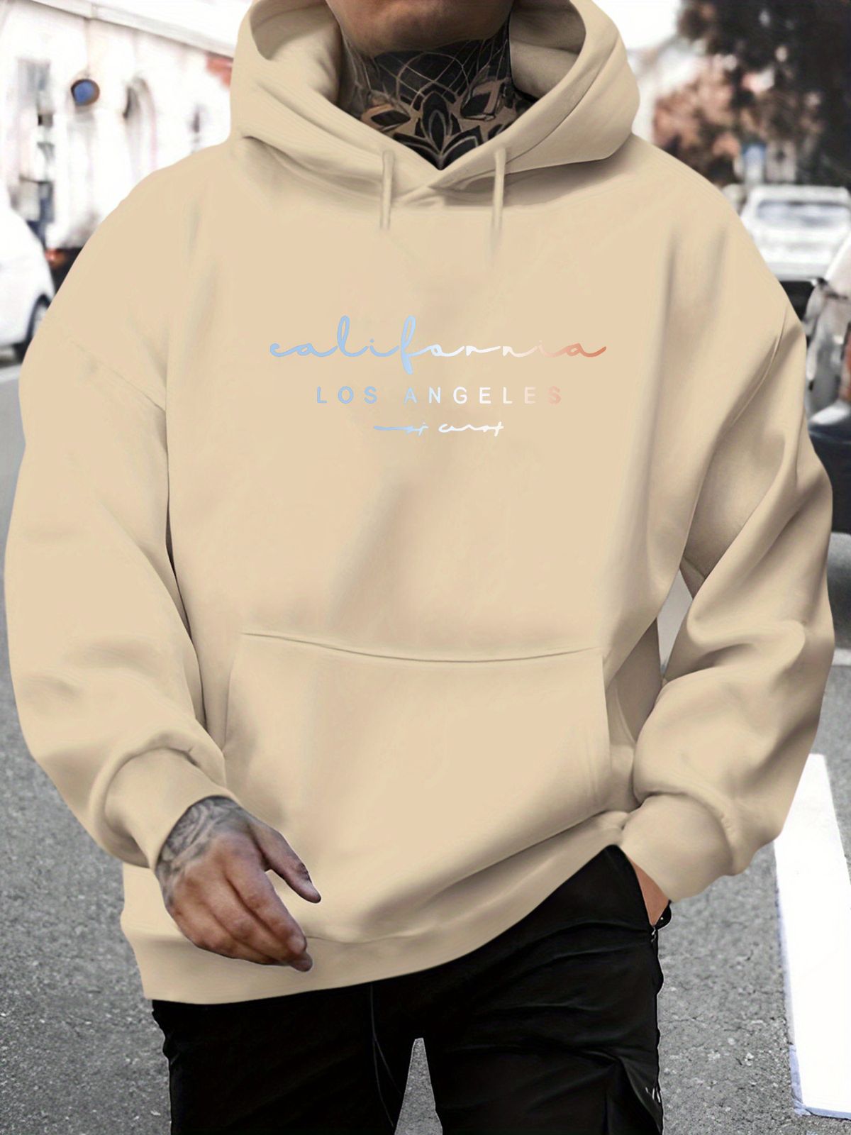 Men's Autumn And Winter Casual Fashion Loose Hooded Sweatshirt Los Angeles Letter Printed Warm Long Sleeved Pullover_viptrois.com