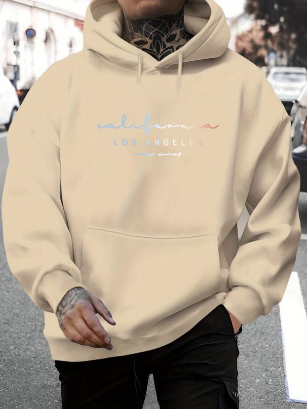 Men's Autumn And Winter Casual Fashion Loose Hooded Sweatshirt Los Angeles Letter Printed Warm Long Sleeved Pullover_viptrois.com
