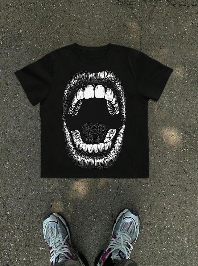 Men's Clothing Fashion Round Neck Street Contrast Color T Shirt Short Sleeves Exaggerated Big Mouth Print_viptrois.com