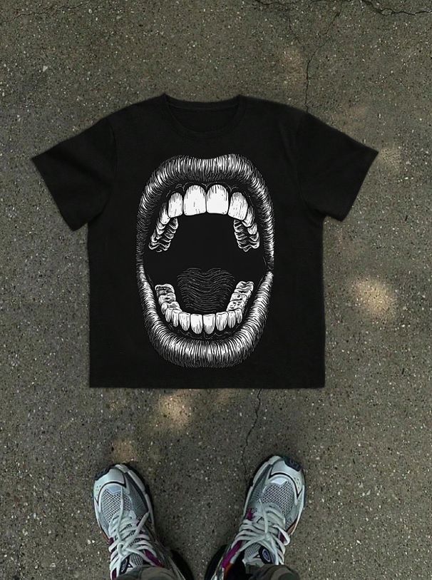 Men's Clothing Fashion Round Neck Street Contrast Color T Shirt Short Sleeves Exaggerated Big Mouth Print_viptrois.com