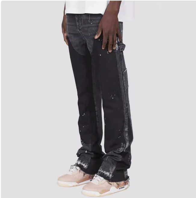 Men's Clothing Fashion Versatile Men's Denim Workwear Elastic Patch Laminated Flared Denim Straight Trousers_viptrois.com