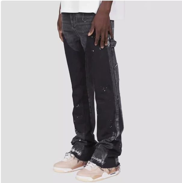 Men's Clothing Fashion Versatile Men's Denim Workwear Elastic Patch Laminated Flared Denim Straight Trousers_viptrois.com
