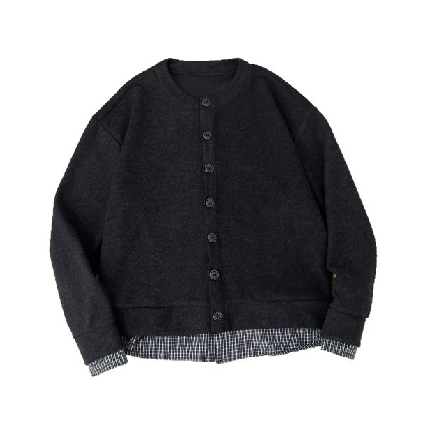 Retro Checkered Patchwork Sweater, Loose Casual Long Sleeved Cardigan, Knitted Sweater Jacket_viptrois.com