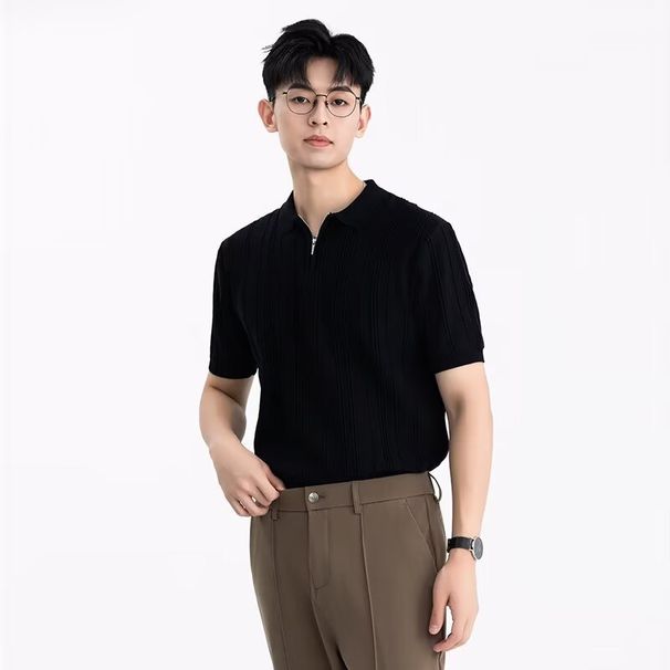 Men's Clothing Summer Striped New Knitted Polo Shirt Cool Breathable Slim Short Sleeved T Shirt Lapel Workwear_viptrois.com