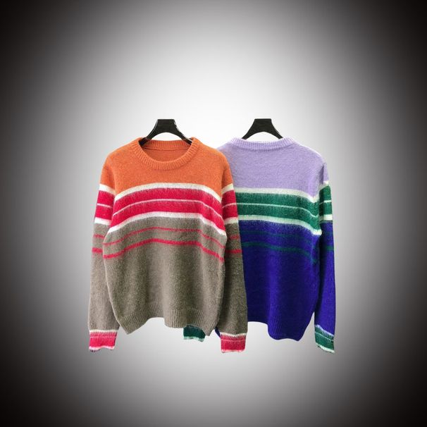 Loom 2024 Autumn Winter New European American Cross-Border MA Men's Casual Round Neck Knitted Sweater Color Block Striped_viptrois.com