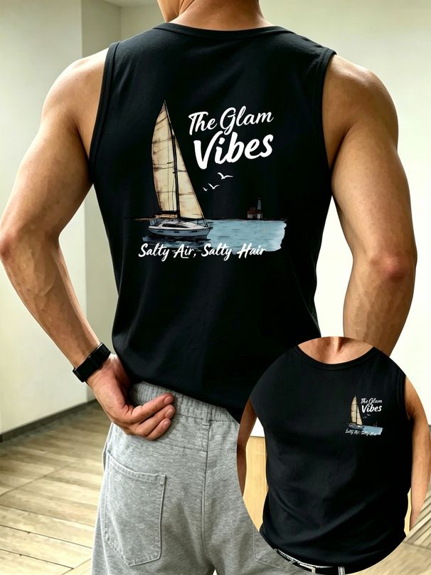 Canotta Uomo Girocollo 100% Cotone Stampa Faro E Barca A Vela Morbida Traspirante Senza Maniche Vacanze Spiaggia Primavera Estate Multicolore_viptrois.com