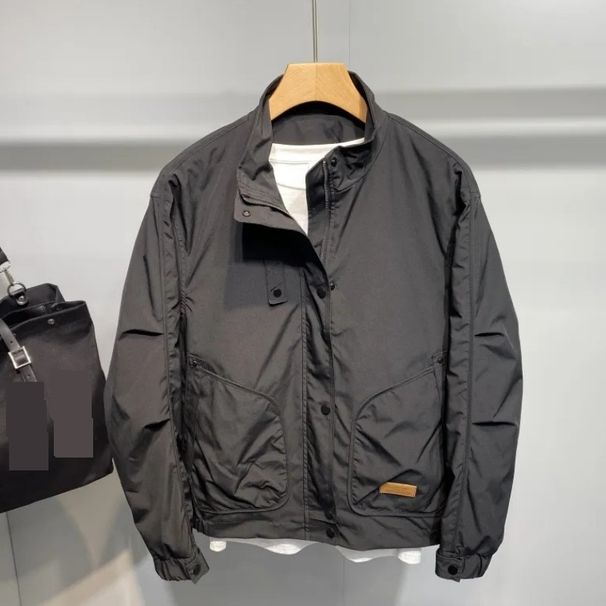 Men's Spring Workwear Jacket - Trendy Stand Collar Zip-Up Coat, Slim Fit Casual Streetwear With Button Details (Black/Green, M-3XL)_viptrois.com