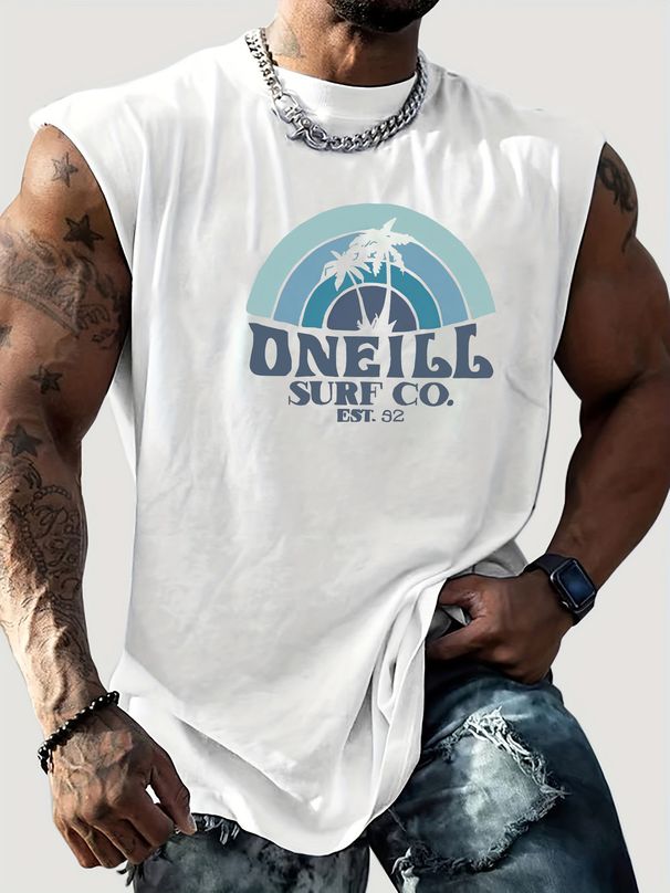 100% Pure Cotton Men's Summer Casual Sports Fitness Loose Letter Pattern Printed Breathable Round Neck Sleeveless Vest_viptrois.com