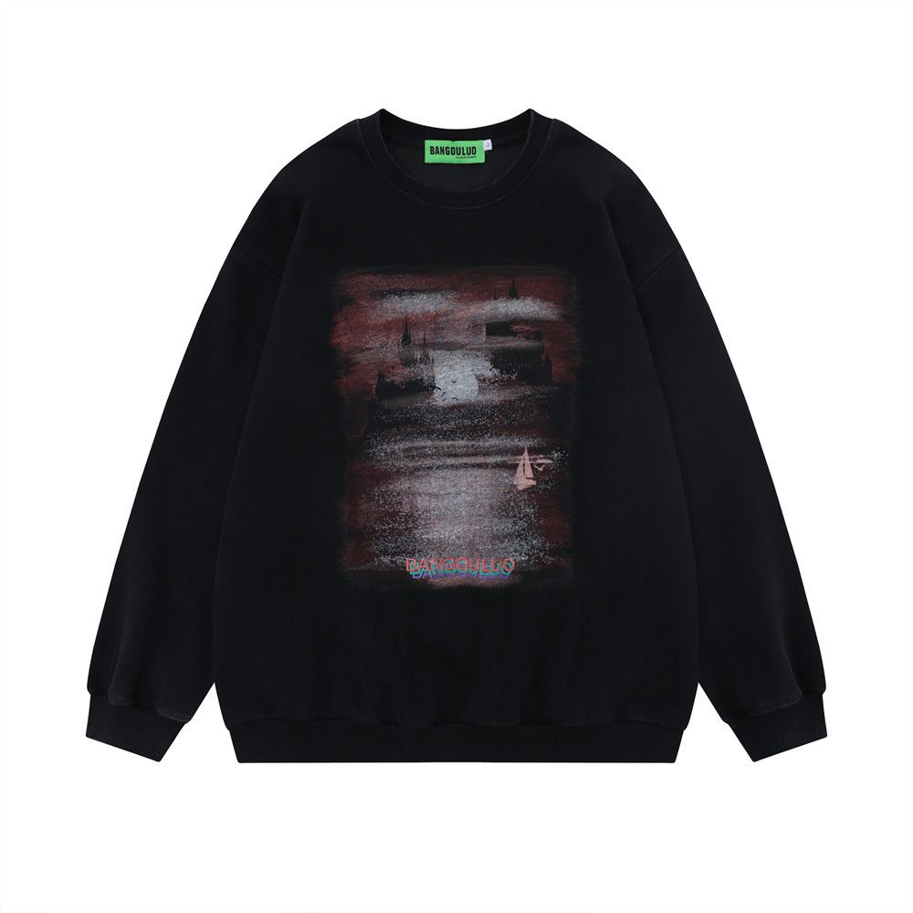 Street Fashion American Style Fuzzy Print Crew Neck Sweatshirt Long Sleeve Casual Men's Spring Autumn Loose Fit Sports_viptrois.com