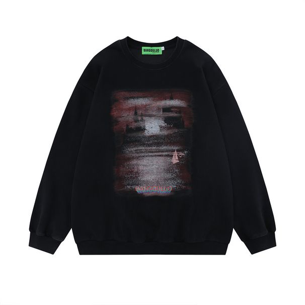 Street Fashion American Style Fuzzy Print Crew Neck Sweatshirt Long Sleeve Casual Men's Spring Autumn Loose Fit Sports_viptrois.com