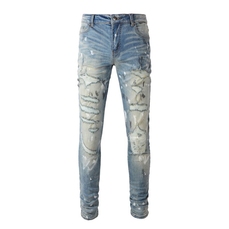 Man's clothing High Street vintage men's jeans Hipster street fashion slim-fit small feet ripped patch casual pants_viptrois.com