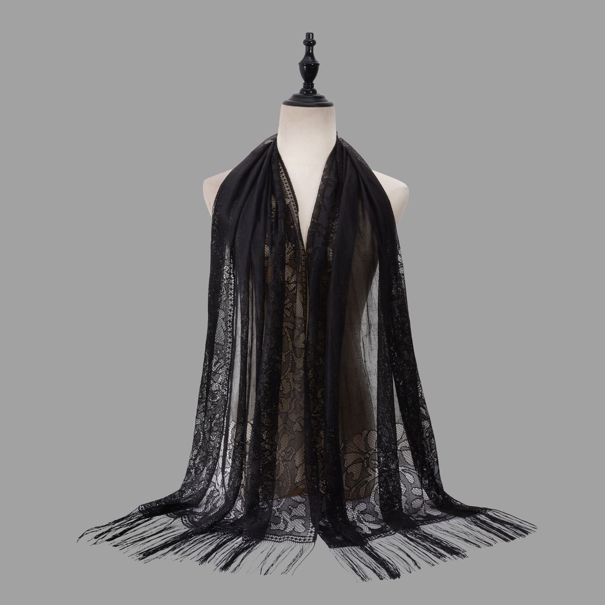 Malaysian Long Scarf Shawl - Solid Color Lace Hijab With Hollow Tassel (Silk Blend, Summer Wear, Women's Fashion)_viptrois.com