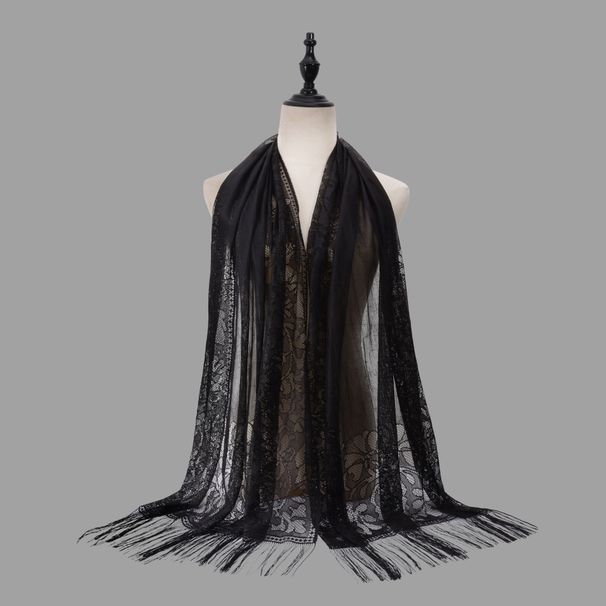 Malaysian Long Scarf Shawl - Solid Color Lace Hijab With Hollow Tassel (Silk Blend, Summer Wear, Women's Fashion)_viptrois.com