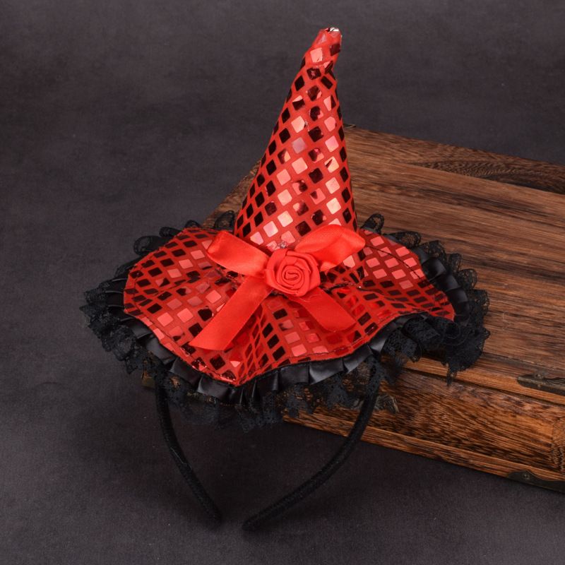 Unisex Halloween witch pointed hat sequined headband decorated Halloween dance performance witch hat bow lace hair._viptrois.com