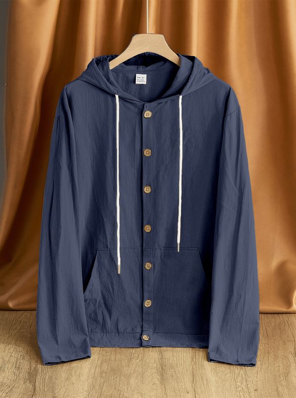 Men's Clothing Button-Up Linen Shirt – Oversized Casual Hooded Long-Sleeve (S-XXXL, Breathable Cotton-Linen Blend, Beach & Streetwear, Neutral Tones)_viptrois.com