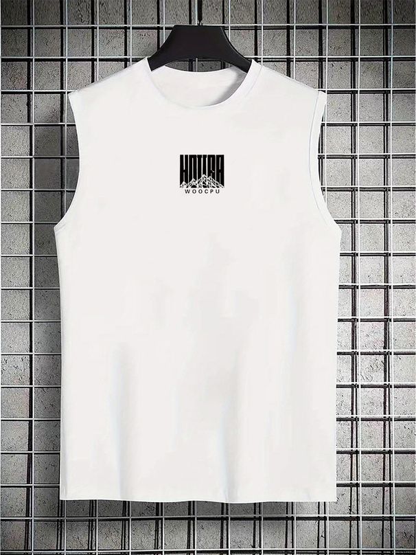 100% Pure Cotton Men's Summer Casual Sports Fitness Loose WOOCPU Pattern Printed Breathable Round Neck Sleeveless Vest_viptrois.com