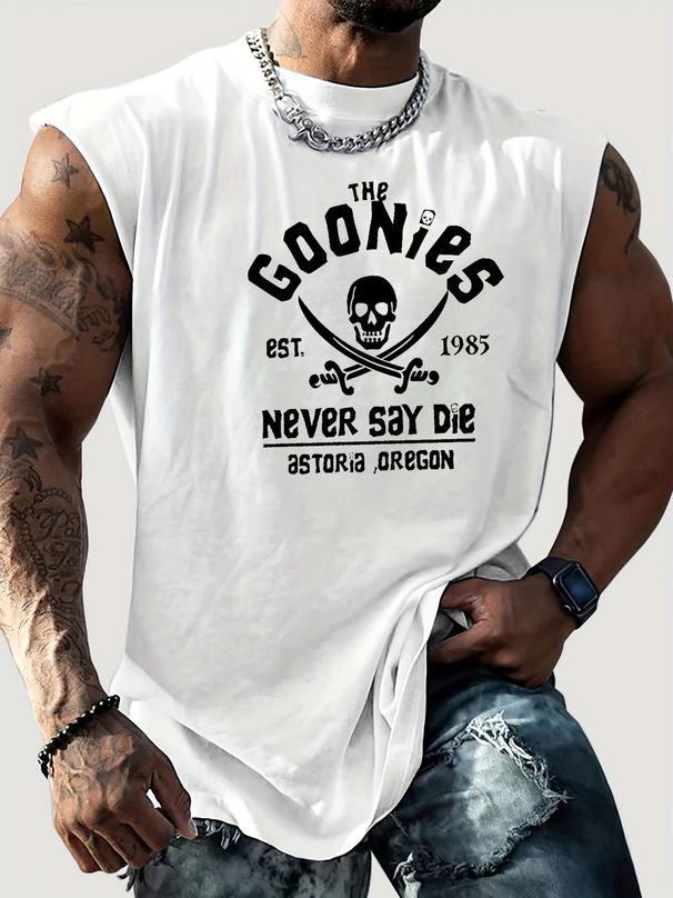100% Pure Cotton Men's Summer Casual Sports Fitness Loose The Goonies Themed Printed Breathable Round Neck Sleeveless Vest_viptrois.com