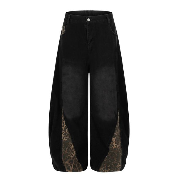 Leopard Print Patchwork Scimitar Jeans For Men Washed Vintage Punk Loose Wide-Leg Pants Deconstructed Design_viptrois.com
