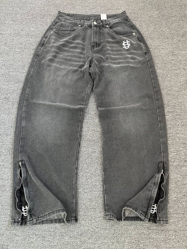 Men's Clothing Vintage Wash Jeans - Straight Leg Denim With Embroidered Details, Retro Streetwear 32Pants_viptrois.com
