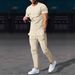 Men's Twisted Solid Color Jacquard Pullover Round Neck Short Sleeve Trousers Casual Suit American Style Autumn New_viptrois.com