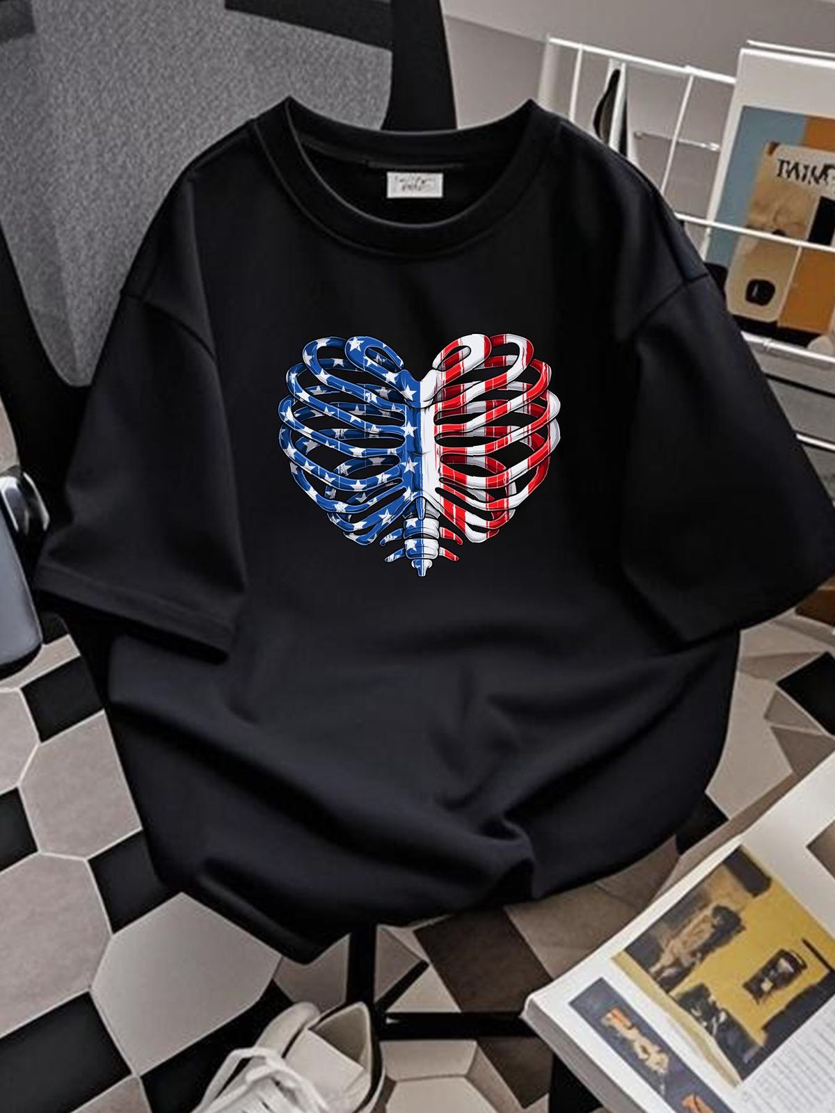 USA Rib Cage American Flag Mens T Shirt 100 Cotton Top For Everyday Wear Summer Soft Designer Clothes Graphic Versatile Breathable Fashion Unisex_viptrois.com