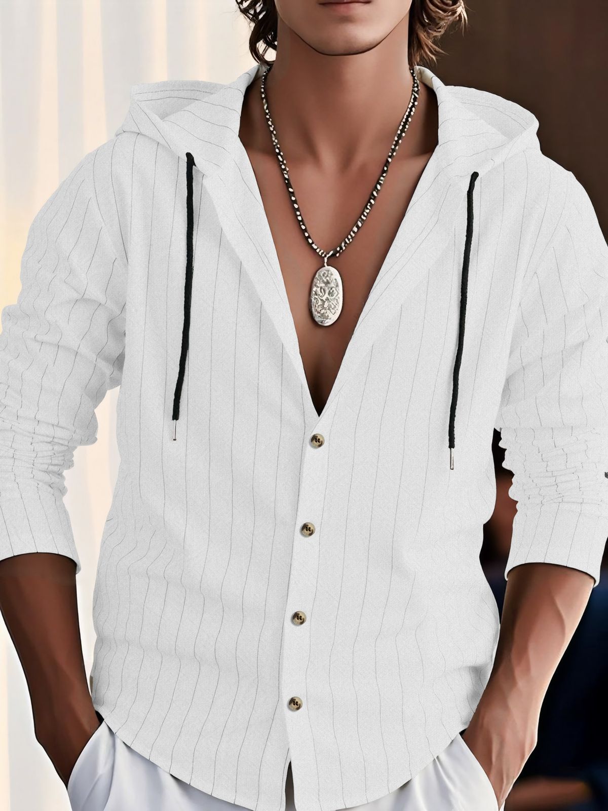 Summer Lightweight Waffle Knit Hoodie Shirt Single Breasted Full Button Placket Casual Top_viptrois.com
