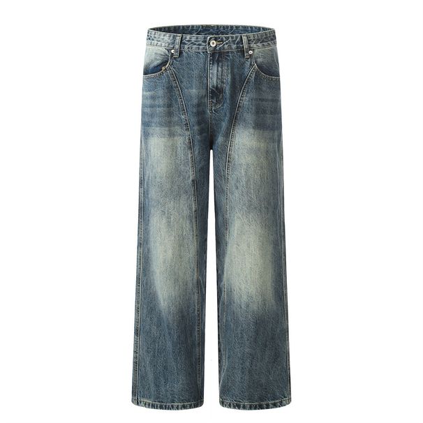 Distressed Washed Gradient Denim Loose Wide-Leg American Street Style Men's Dad Split Patchwork Straight Long Pants_viptrois.com